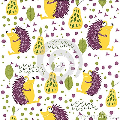 Seamless pattern of forest animals. Good hedgehog sitting in a forest clearing. Background for children`s room, books, fabrics, p Vector Illustration